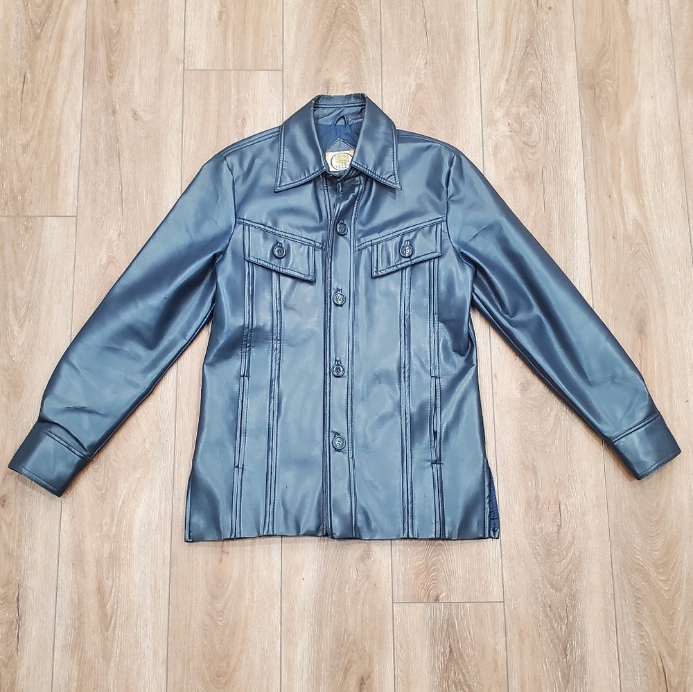 Men's Faux Leather Button-Up Jacket - Blue